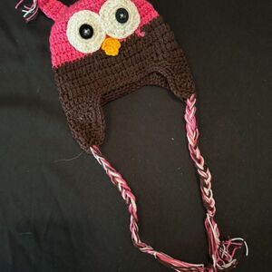 Hot Pink & Brown Owl Crochet Hat  7908  14" unstretched  new